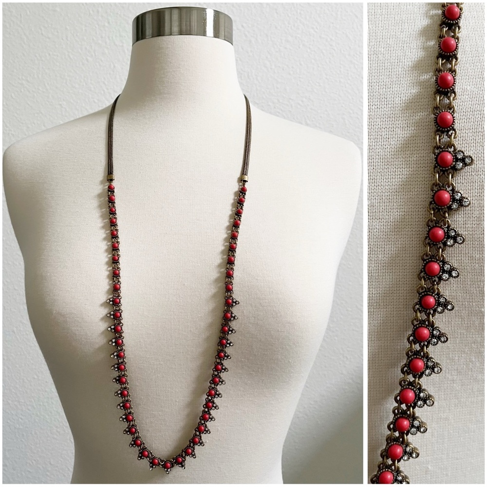 ANN TAYLOR Long Necklace with Red Beads and Faux White Jewels